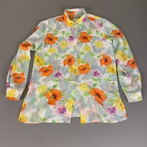 Coldwater Creek Floral Button Down Shirt Top‎ Medium Semi-Sheer Blouse Colorful